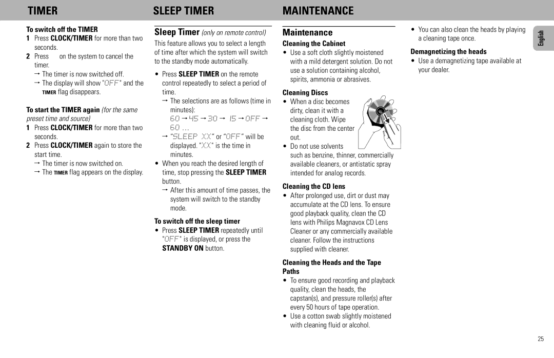 Philips FW585C manual Timer Sleep Timer Maintenance 