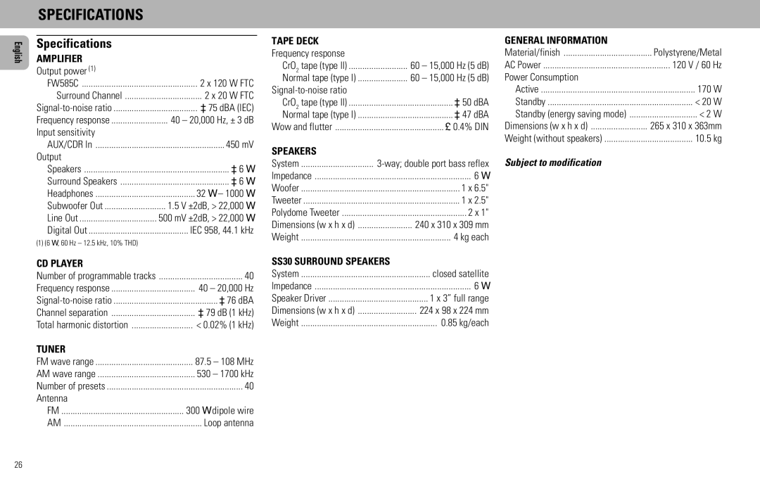 Philips FW585C manual Specifications 