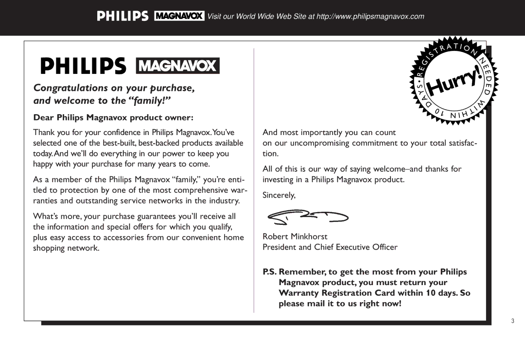 Philips FW585C manual Congratulations on your purchase, and welcome to the family, Dear Philips Magnavox product owner 