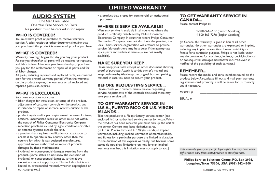 Philips FW585C manual Audio System, WHO is COVERED? 