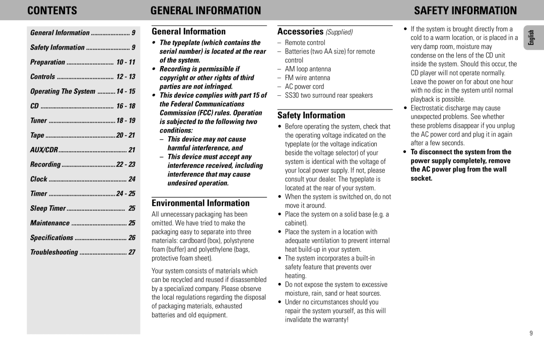 Philips FW585C manual Contents 