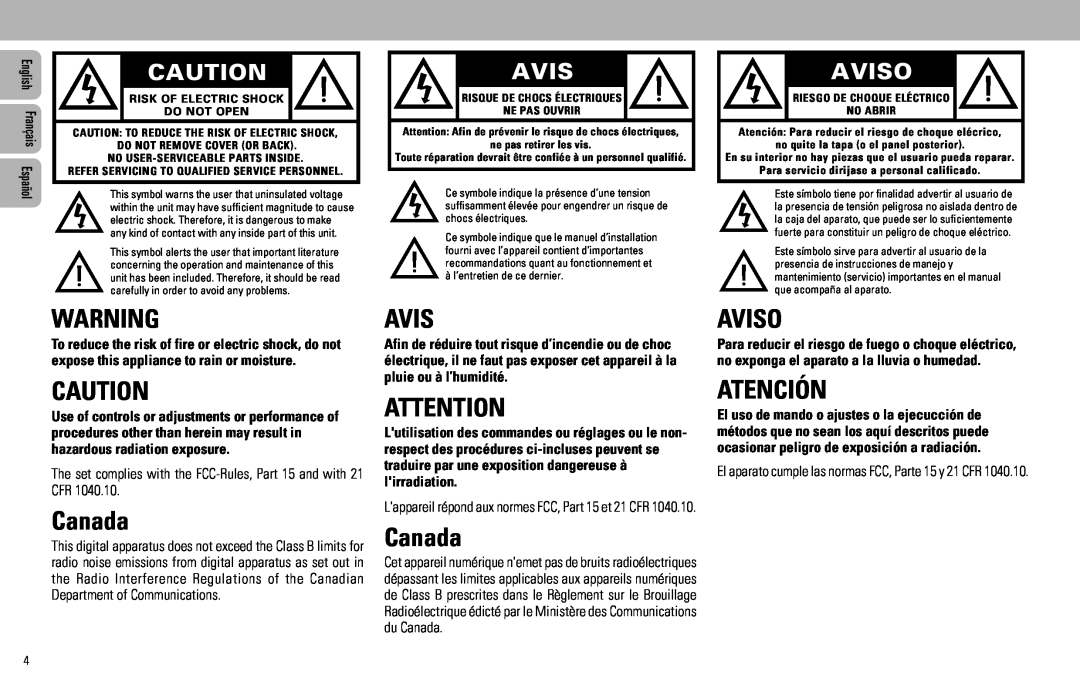 Philips FW585C manual Canada, Aviso, Atención 
