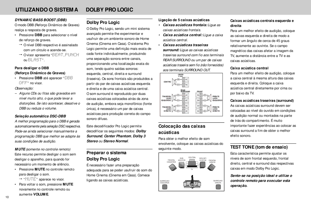 Philips FW768P manual Utilizando O Sistema Dolby PRO Logic, Preparar o sistema Dolby Pro Logic, Test Tone tom de ensaio 