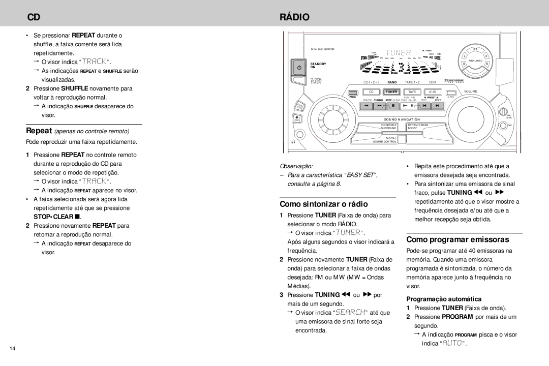 Philips FW768P manual Rádio, Como sintonizar o rádio, Como programar emissoras, Repeat apenas no controle remoto 