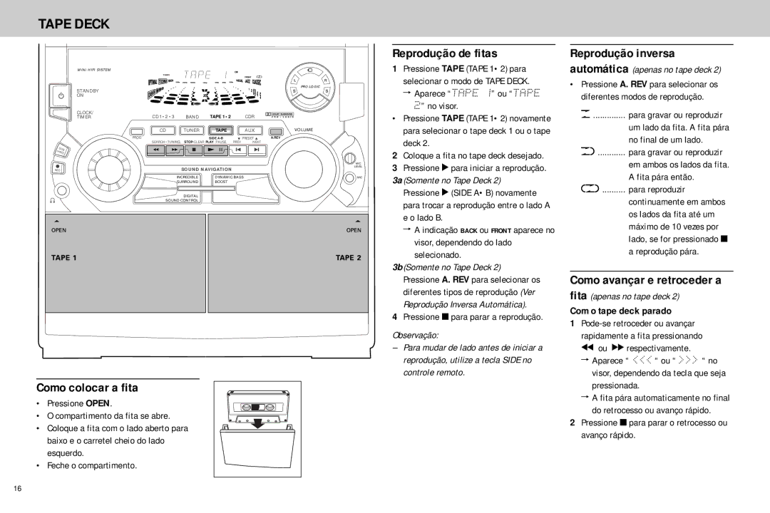 Philips FW768P Tape Deck, Reprodução de fitas Reprodução inversa, Como colocar a fita, Como avançar e retroceder a fita 