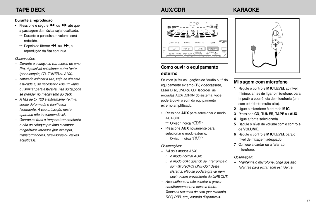 Philips FW768P manual Tape Deck AUX/CDR, Karaoke, Externo, Mixagem com microfone, Como ouvir o equipamento 