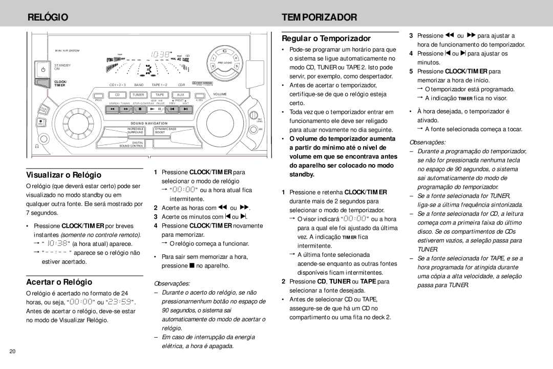 Philips FW768P manual Relógio Temporizador, Regular o Temporizador, Visualizar o Relógio, Acertar o Relógio 