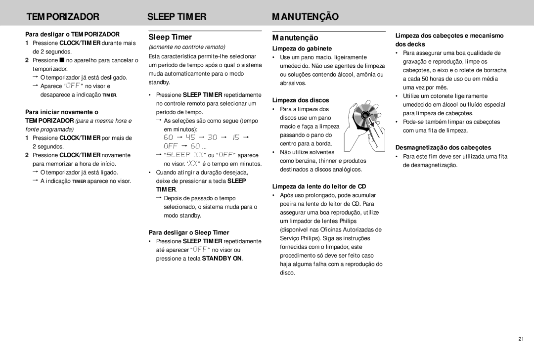 Philips FW768P manual Temporizador Sleep Timer Manutenção 