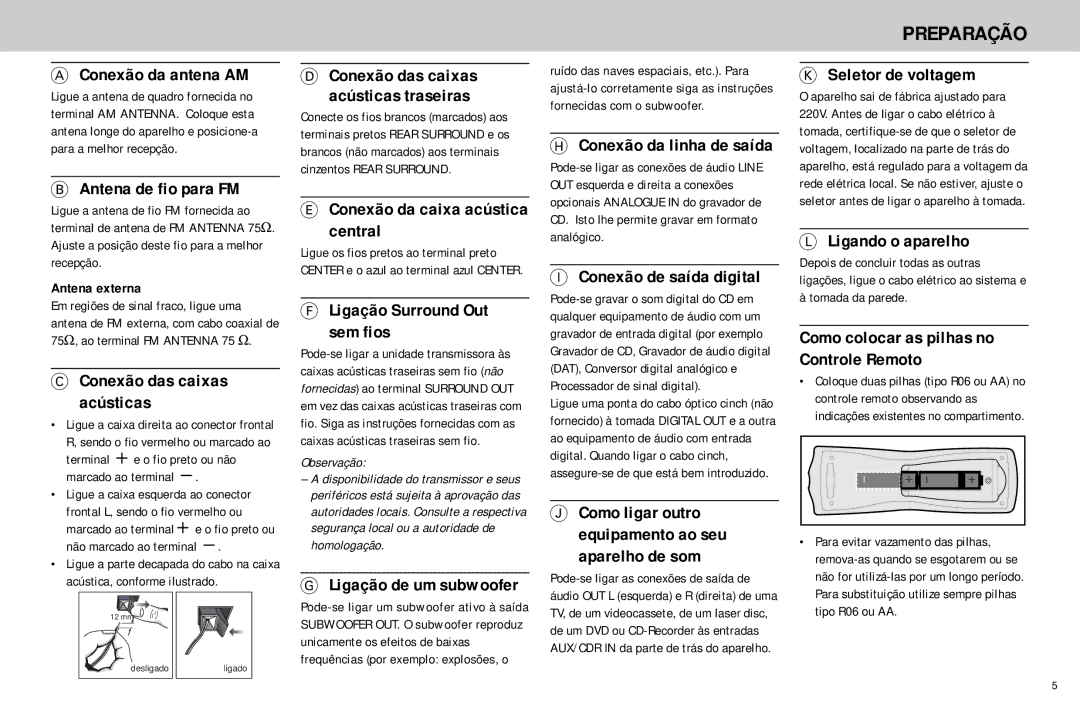 Philips FW768P manual Conexão da antena AM, Antena de fio para FM, Conexão das caixas Acústicas, Central, Aparelho de som 