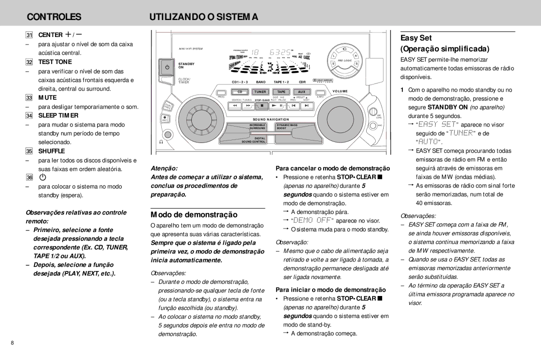 Philips FW768P Easy Set Operação simplificada, Modo de demonstração, Observações relativas ao controle remoto, Atenção 