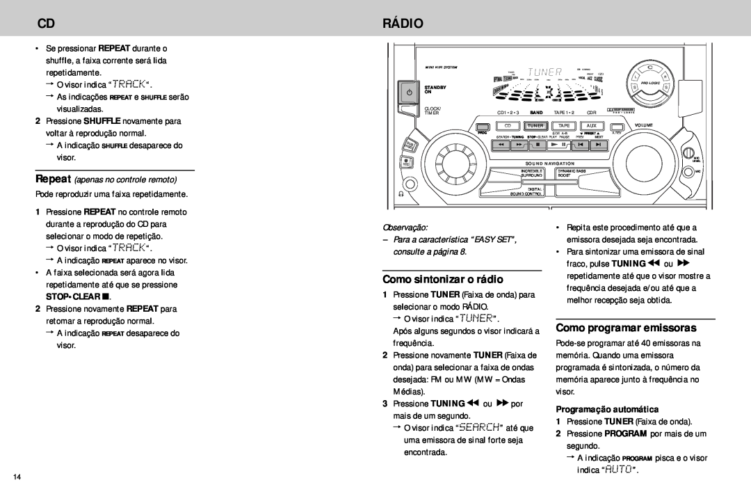 Philips FW768P manual Rádio, Como sintonizar o rádio, Como programar emissoras, Programação automática 