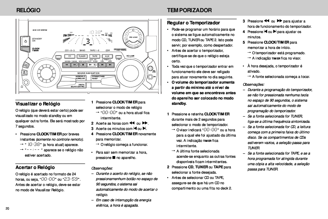 Philips FW768P manual Regular o Temporizador, Visualizar o Relógio, Acertar o Relógio, standby 