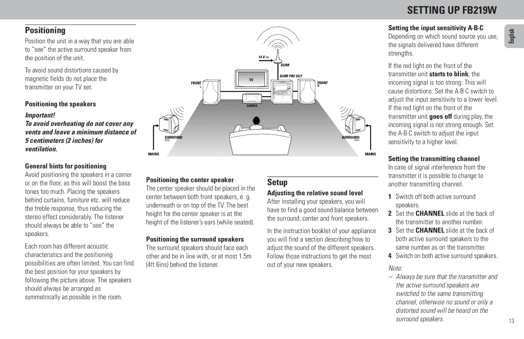 Philips FW798W manual Setup, Positioning the speakers, General hints for positioning, Positioning the center speaker 