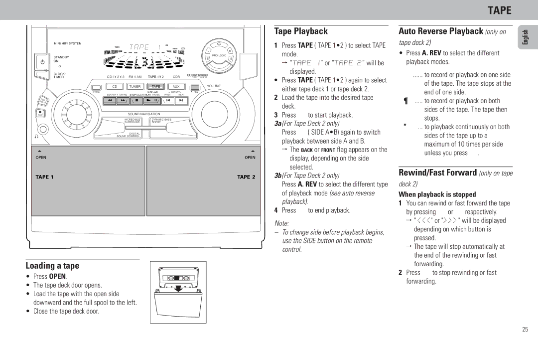 Philips FW798W manual Tape Playback, Loading a tape, Rewind/Fast Forward only on tape, When playback is stopped 