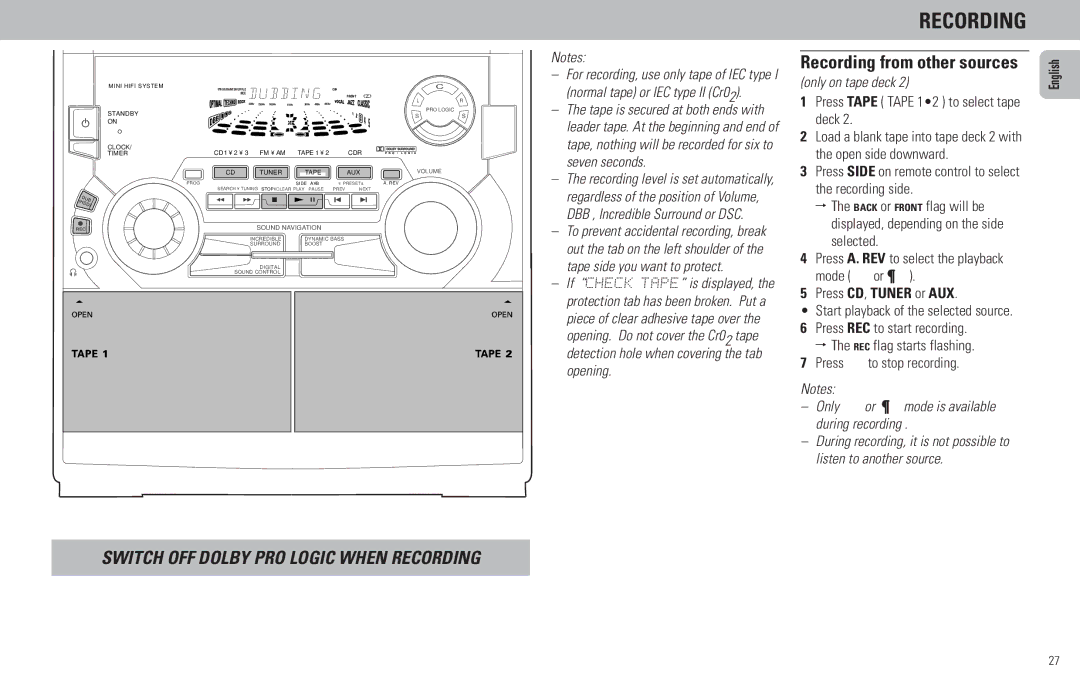 Philips FW798W manual Recording, Only on tape deck, Press Tape Tape 12 to select tape deck, Press REC to start recording 