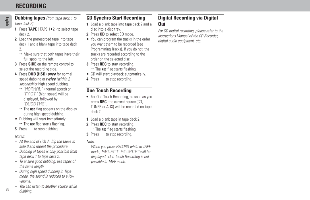 Philips FW798W manual CD Synchro Start Recording, One Touch Recording, Digital Recording via Digital Out 