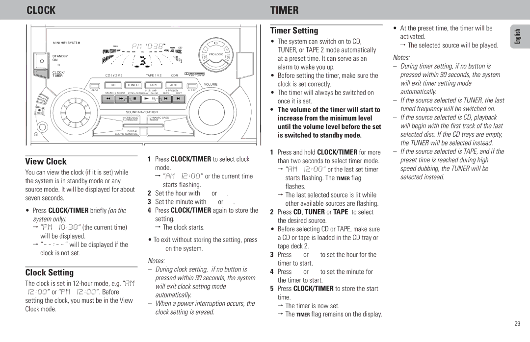 Philips FW798W manual Timer Setting, View Clock, Clock Setting 