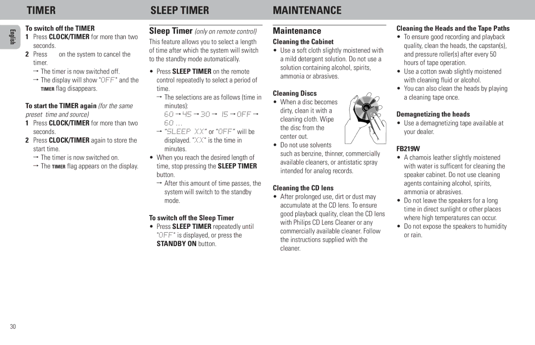 Philips FW798W manual Timer Sleep Timer Maintenance 