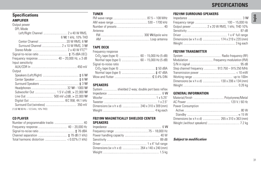 Philips FW798W manual Specifications 