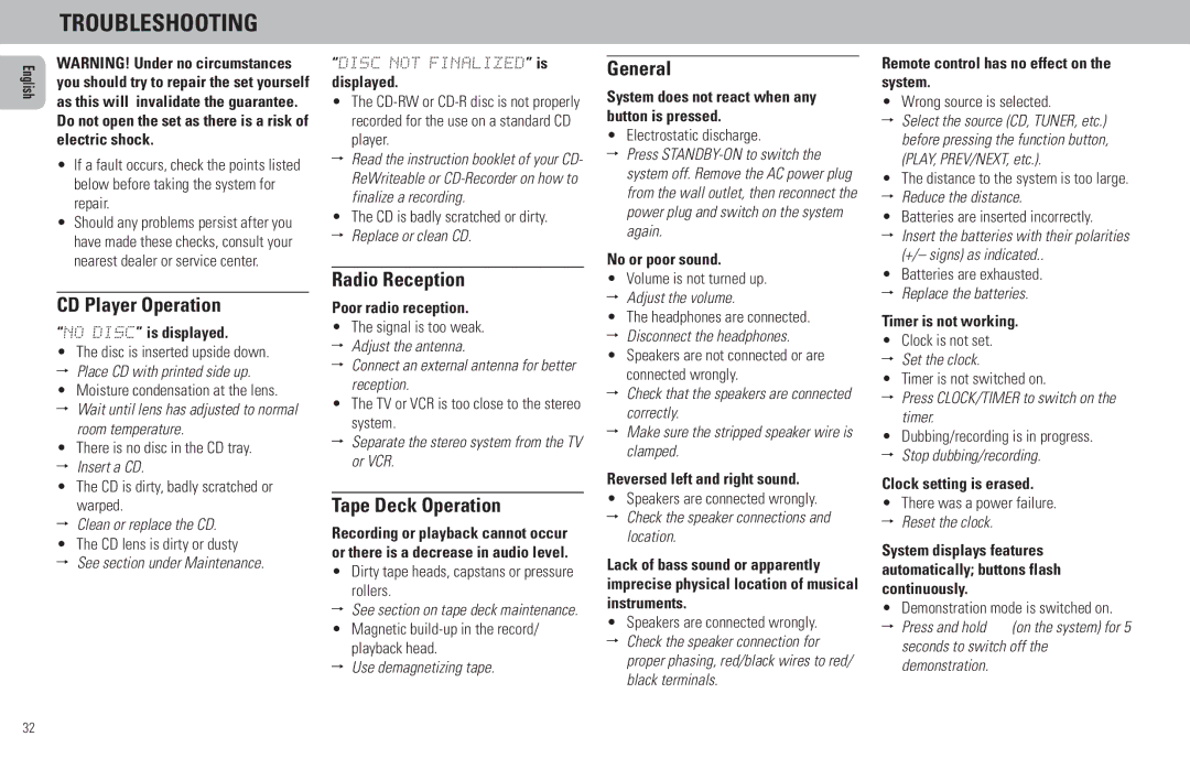 Philips FW798W manual Troubleshooting, CD Player Operation, Radio Reception, Tape Deck Operation, General 