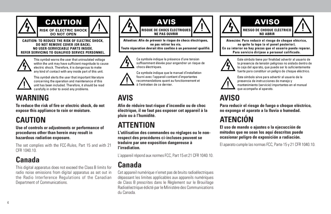 Philips FW798W manual Avis, Set complies with the FCC-Rules, Part 15 and with 21 CFR 