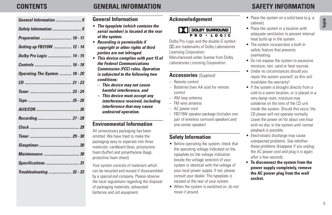 Philips FW798W manual Contents 