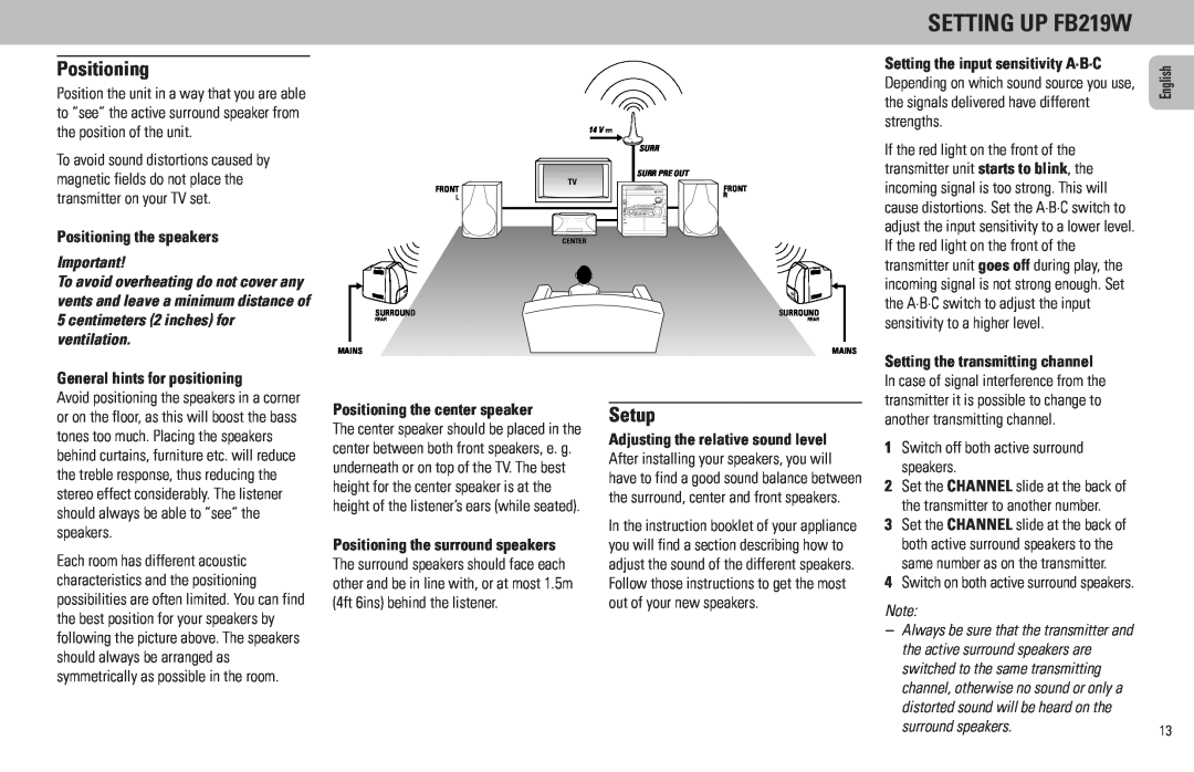 Philips FW798W manual SETTING UP FB219W, Setup, Positioning the speakers, General hints for positioning 