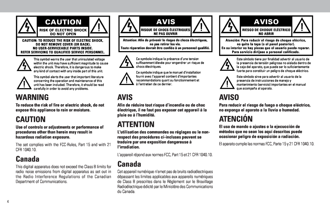 Philips FW798W manual Aviso, Canada, Atención 