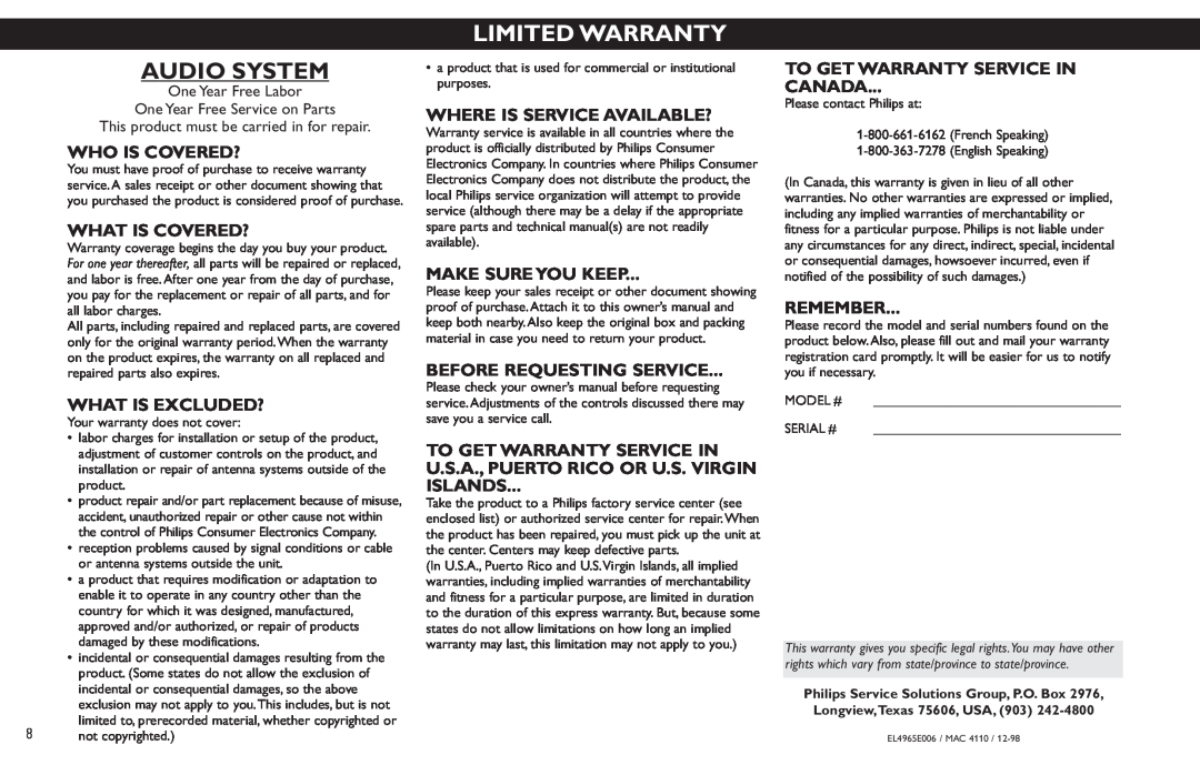 Philips FW798W manual Audio System, Limited Warranty 