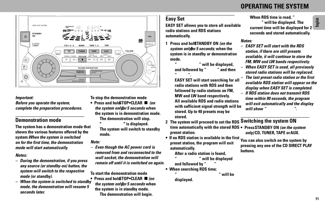 Philips FW930P2/2, FW930SR manual Easy Set, Demonstration mode, Switching the system on, To stop the demonstration mode 