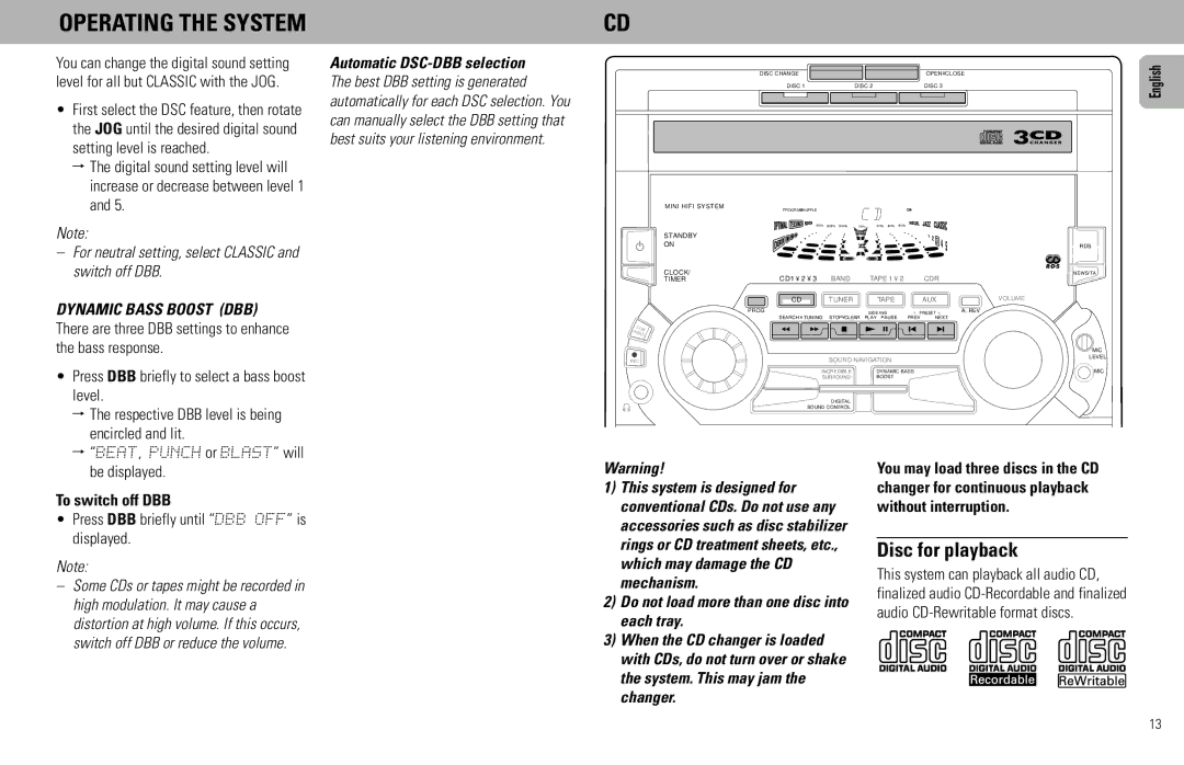 Philips FW930P2/2 Disc for playback, For neutral setting, select Classic and switch off DBB, Automatic DSC-DBB selection 