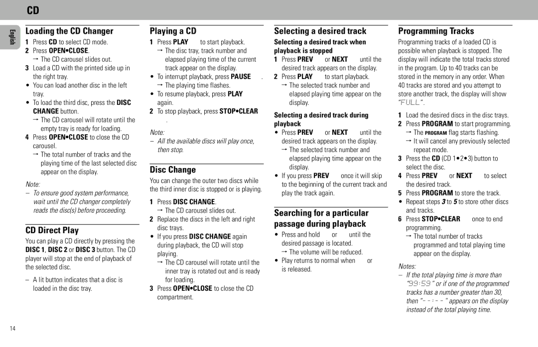 Philips FW930SR, FW930P2/2 Loading the CD Changer, CD Direct Play, Playing a CD, Disc Change, Selecting a desired track 