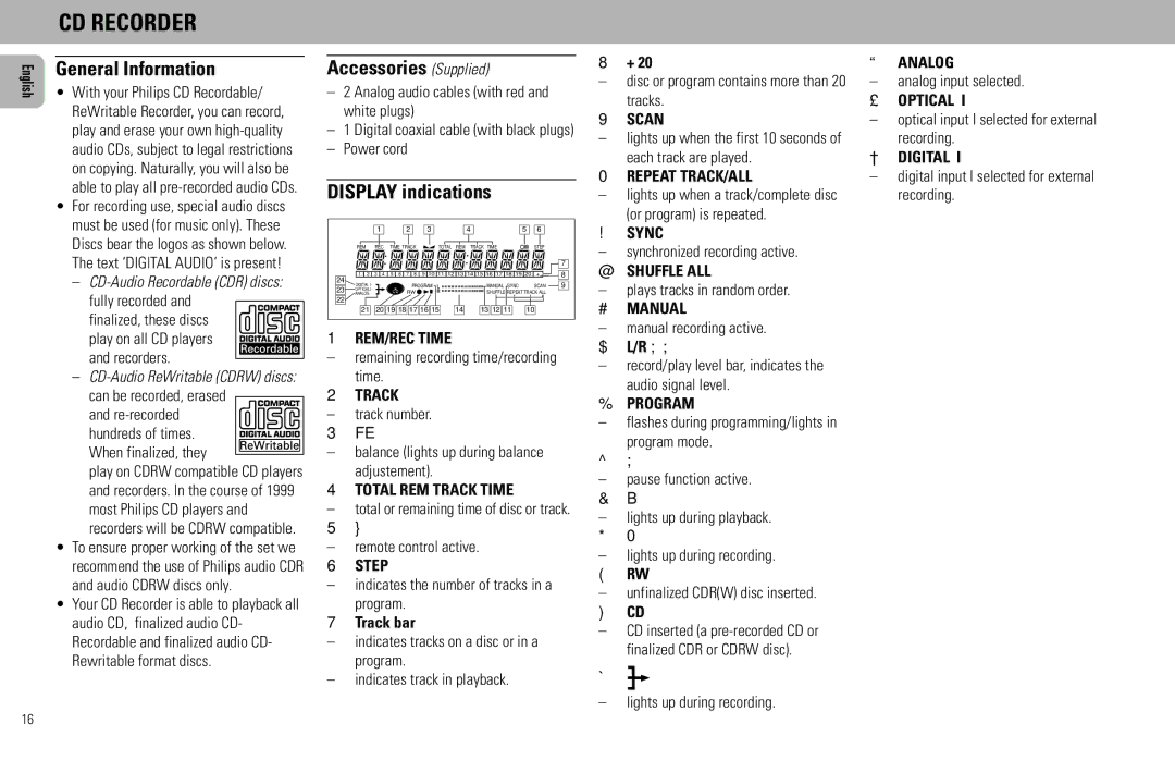 Philips FW930SR, FW930P2/2 manual CD Recorder, Display indications 