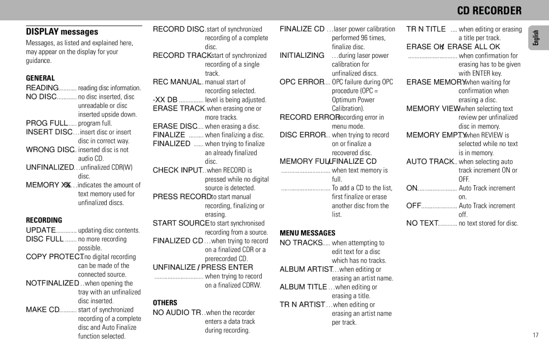 Philips FW930P2/2, FW930SR manual Display messages, General, Recording, Others, Menu Messages 