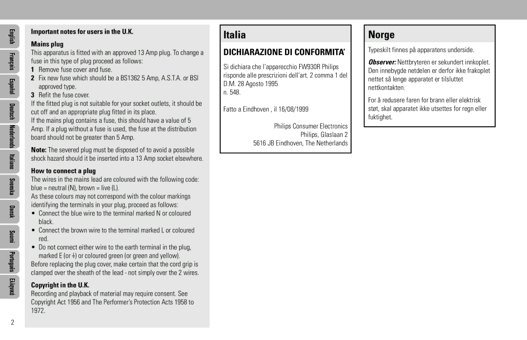 Philips FW930SR, FW930P2/2 Important notes for users in the U.K Mains plug, How to connect a plug, Copyright in the U.K 