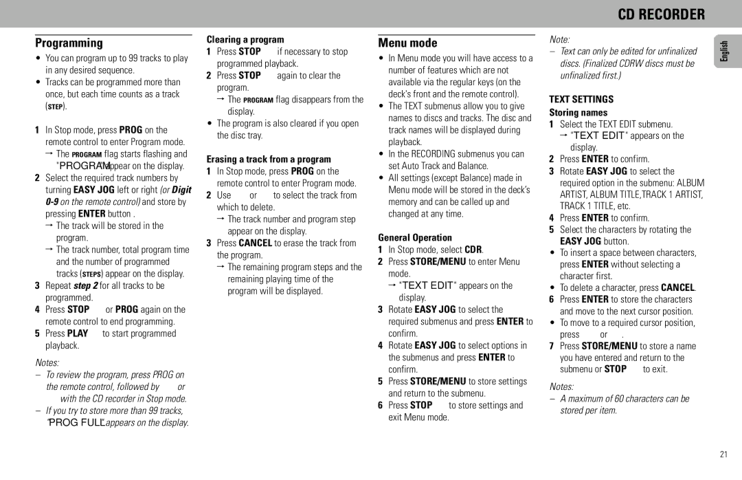 Philips FW930P2/2, FW930SR manual Programming, Menu mode, Text Settings 