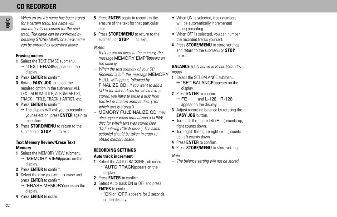 Philips FW930SR manual Erasing names, Recording Settings, Auto track increment, Balance Only active in Record/Standby mode 