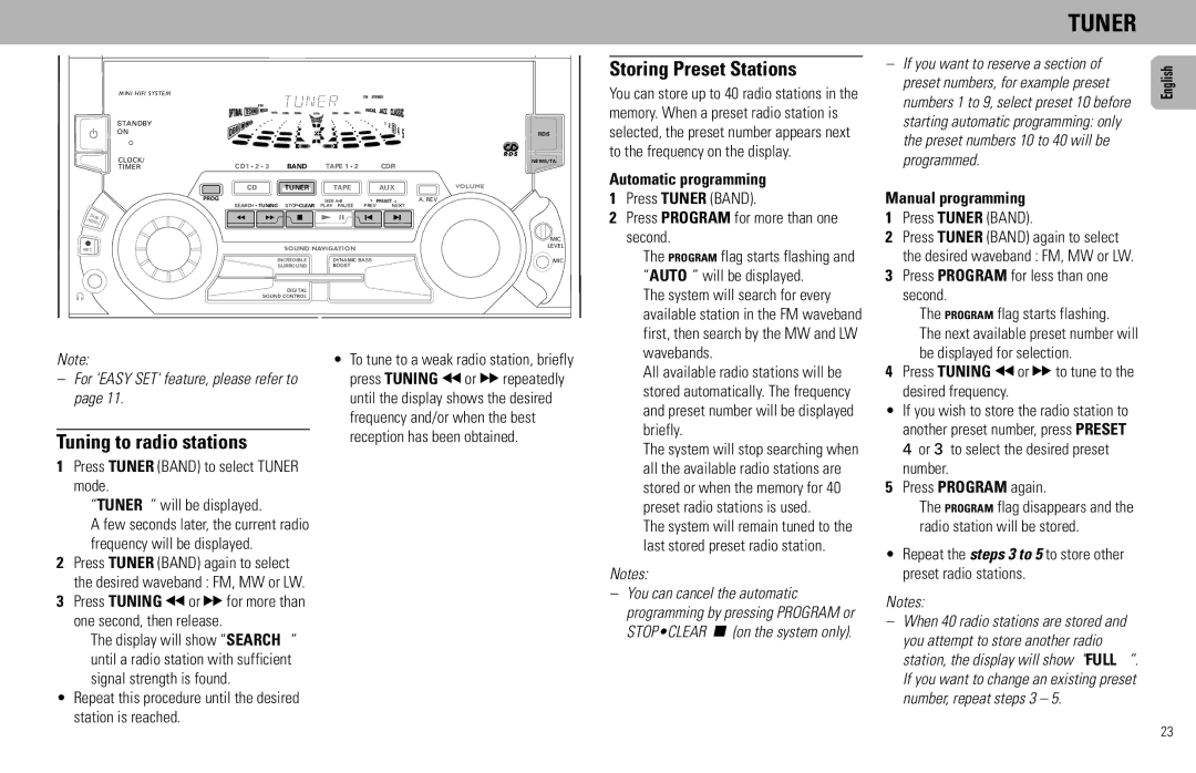 Philips FW930P2/2 Tuner, Storing Preset Stations, Tuning to radio stations, Automatic programming, Manual programming 