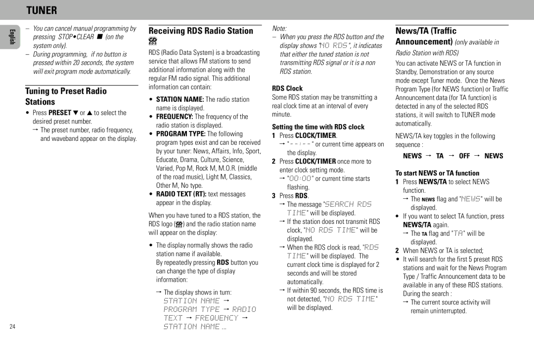 Philips FW930SR, FW930P2/2 Tuning to Preset Radio Stations, Station Name The radio station name is displayed, RDS Clock 