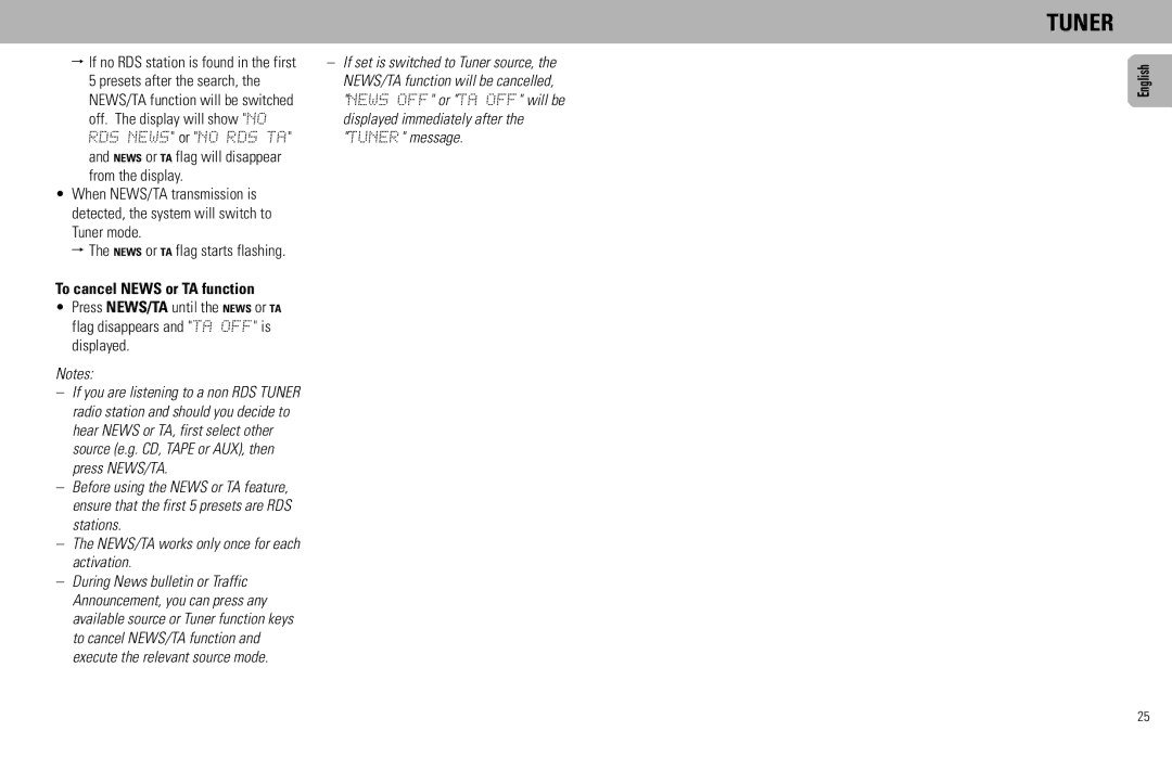 Philips FW930P2/2, FW930SR manual News or TA flag starts flashing, To cancel News or TA function 