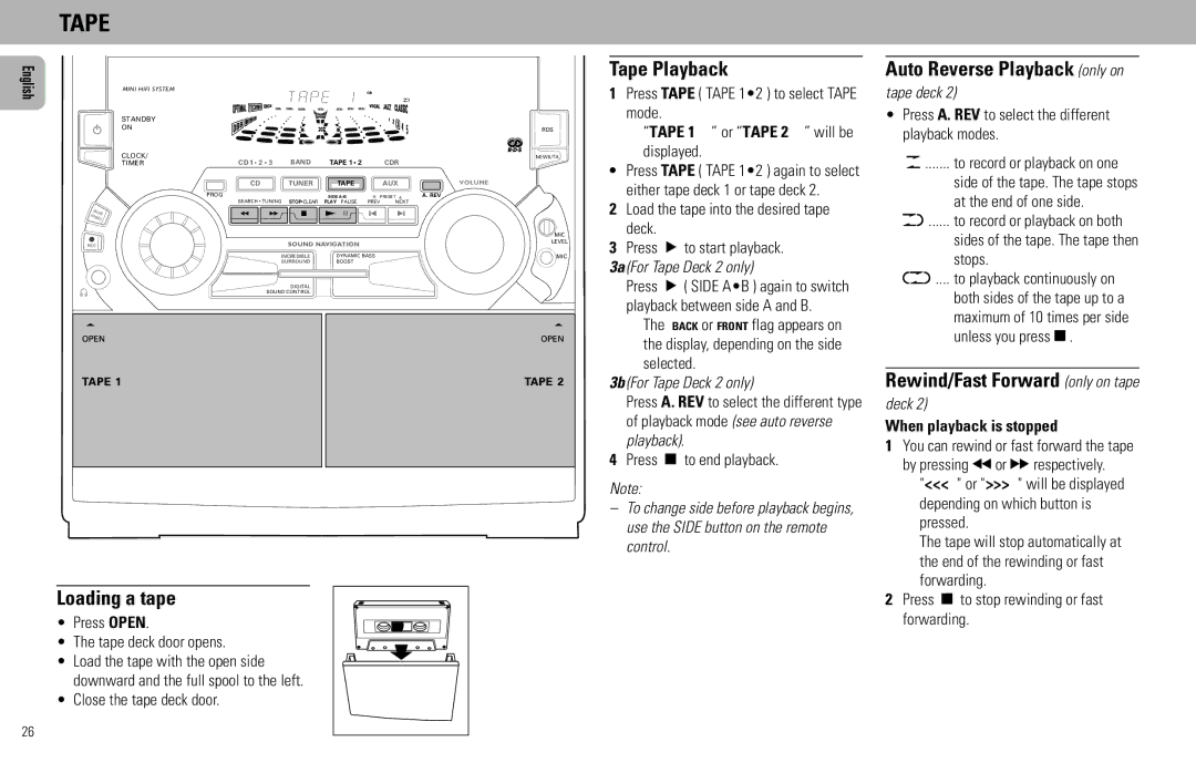 Philips FW930SR manual Loading a tape, Tape Playback, Auto Reverse Playback only on, Rewind/Fast Forward only on tape 