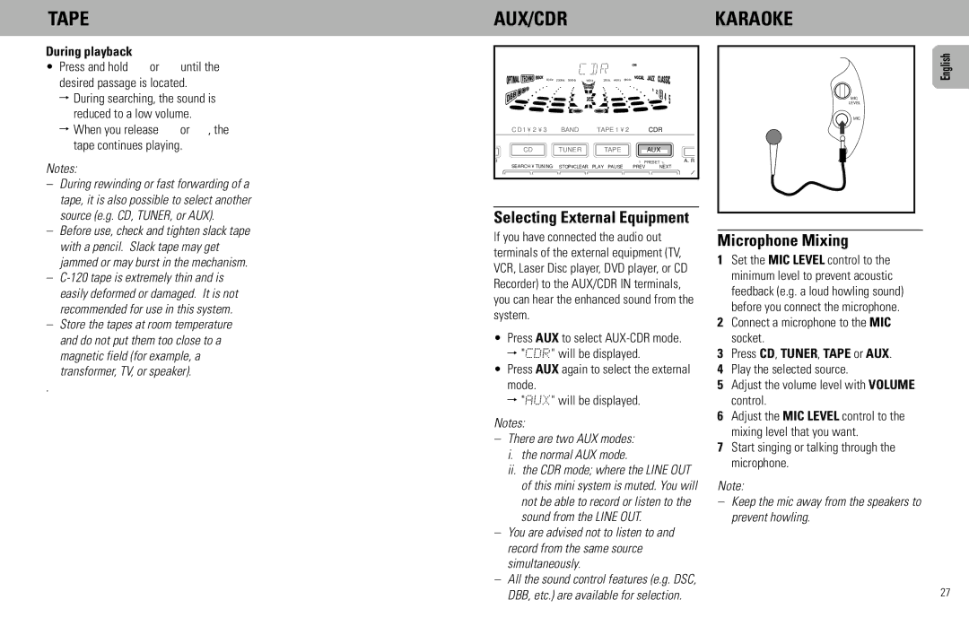 Philips FW930P2/2, FW930SR manual Aux/Cdr, Karaoke, Microphone Mixing, During playback, Press CD, TUNER, Tape or AUX 