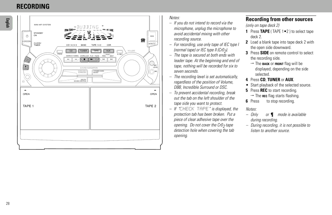 Philips FW930SR, FW930P2/2 Recording from other sources, Only on tape deck, Press Tape Tape 12 to select tape deck 