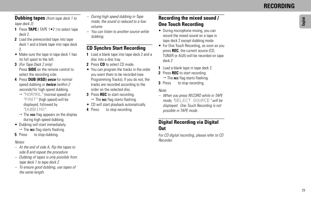 Philips FW930P2/2, FW930SR manual CD Synchro Start Recording, Digital Recording via Digital Out, For Tape Deck 2 only 