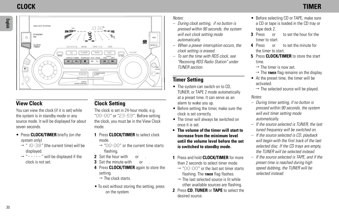 Philips FW930SR, FW930P2/2 manual Timer Setting, View Clock, Clock Setting 