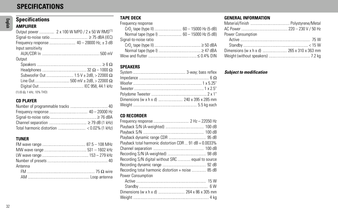 Philips FW930SR, FW930P2/2 manual Specifications, Subject to modification 