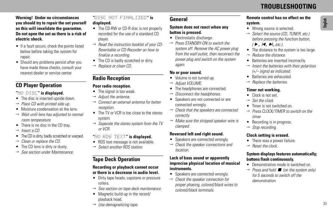 Philips FW930P2/2, FW930SR manual Troubleshooting, CD Player Operation, Radio Reception, Tape Deck Operation, General 