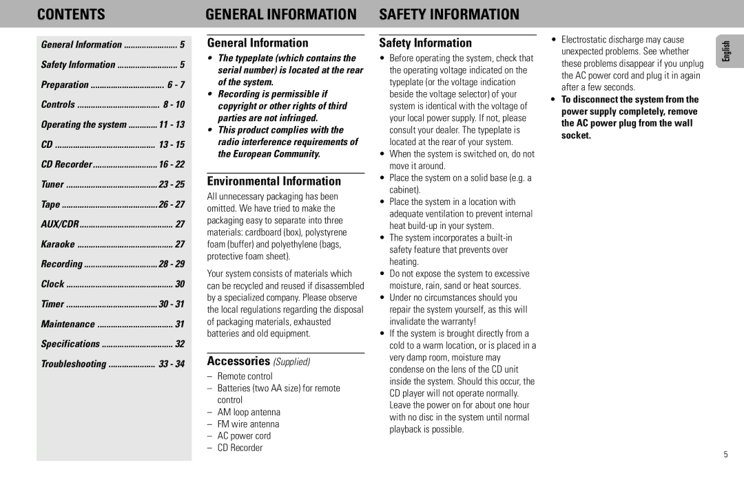 Philips FW930P2/2, FW930SR manual Contents General Information Safety Information 