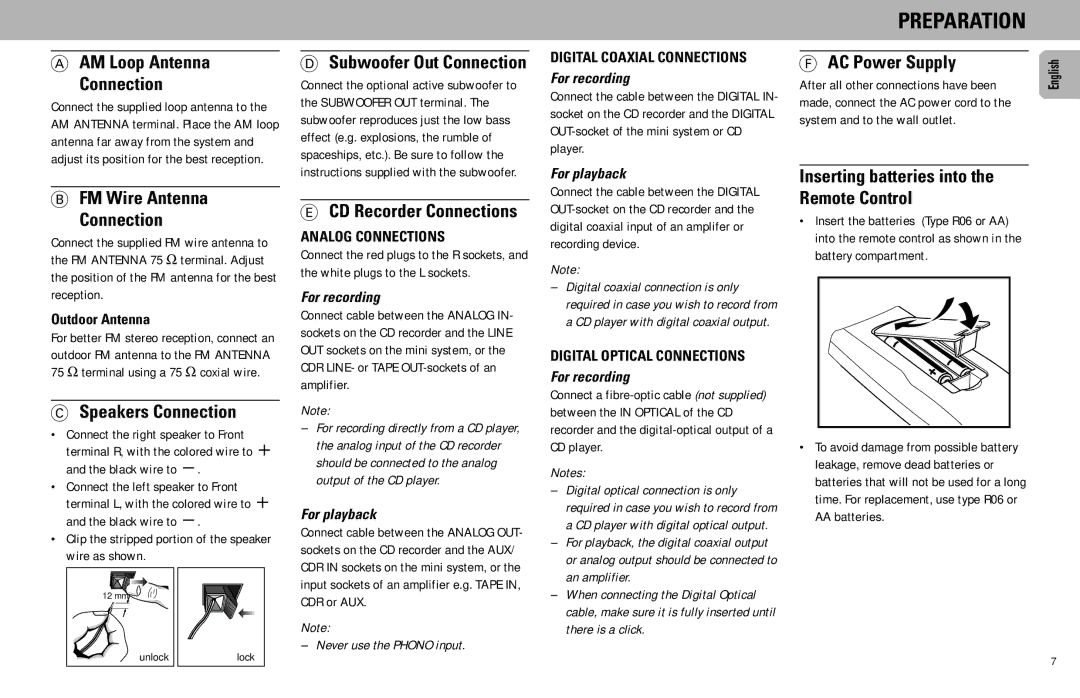 Philips FW930P2/2 manual AM Loop Antenna Connection, AC Power Supply, Inserting batteries into, FM Wire Antenna Connection 