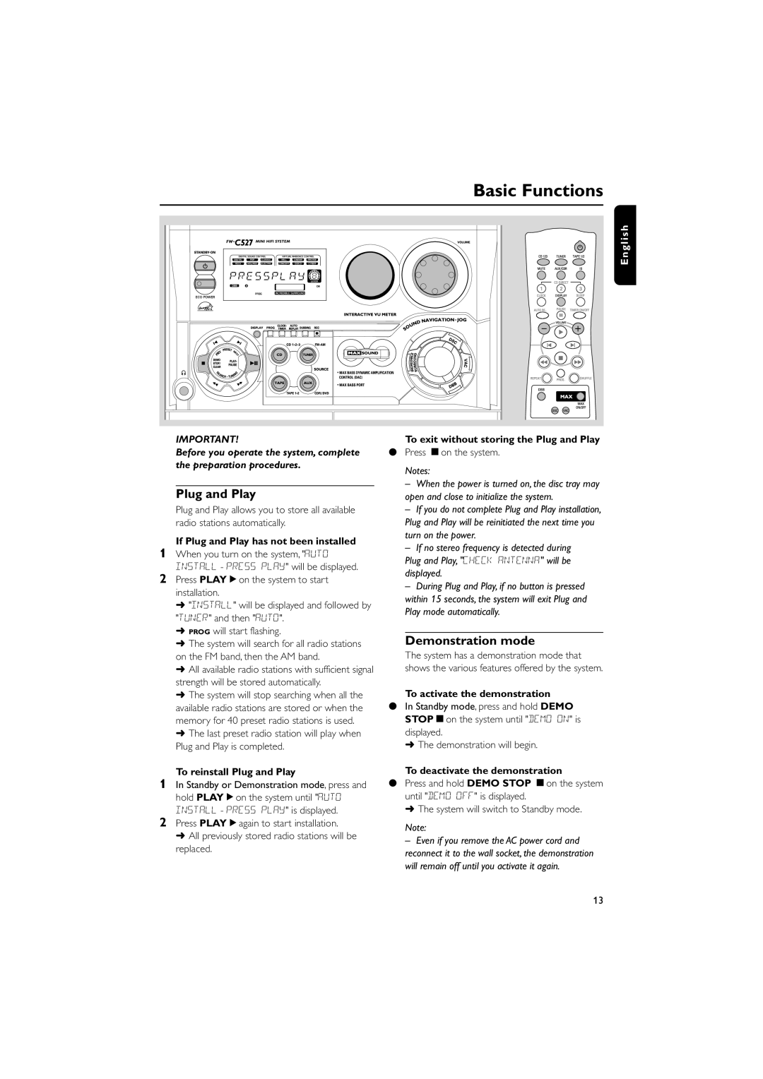 Philips FWC527/37 warranty Basic Functions, Plug and Play, Demonstration mode 